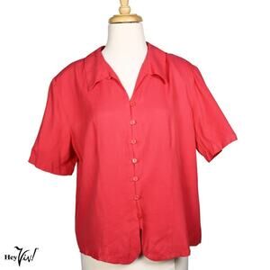 Vintage 80s Impressions Blouse Top Pink Rayon Padded Shoulders Size L - Hey Viv